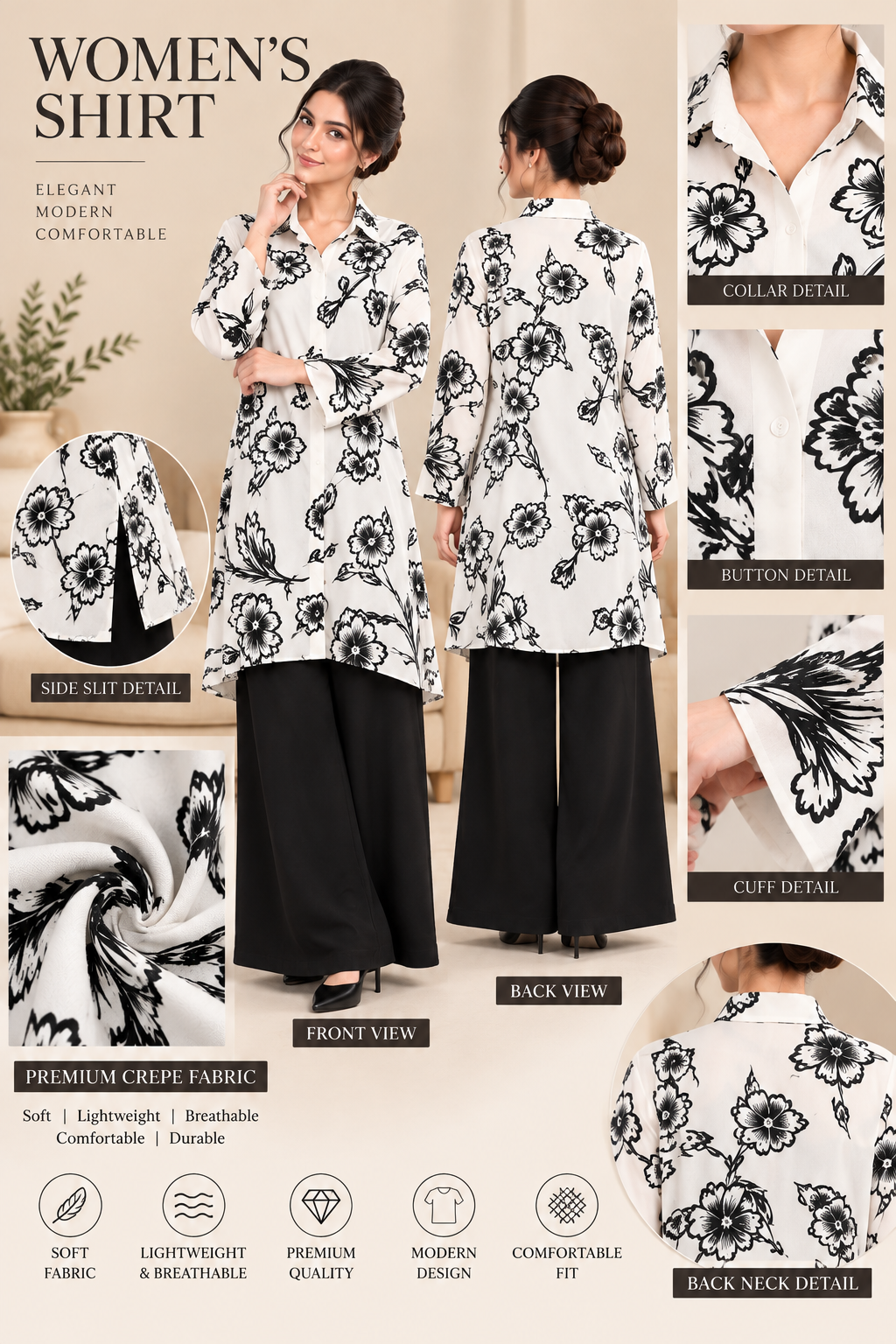 Ivory Black Floral Print Long Shirt