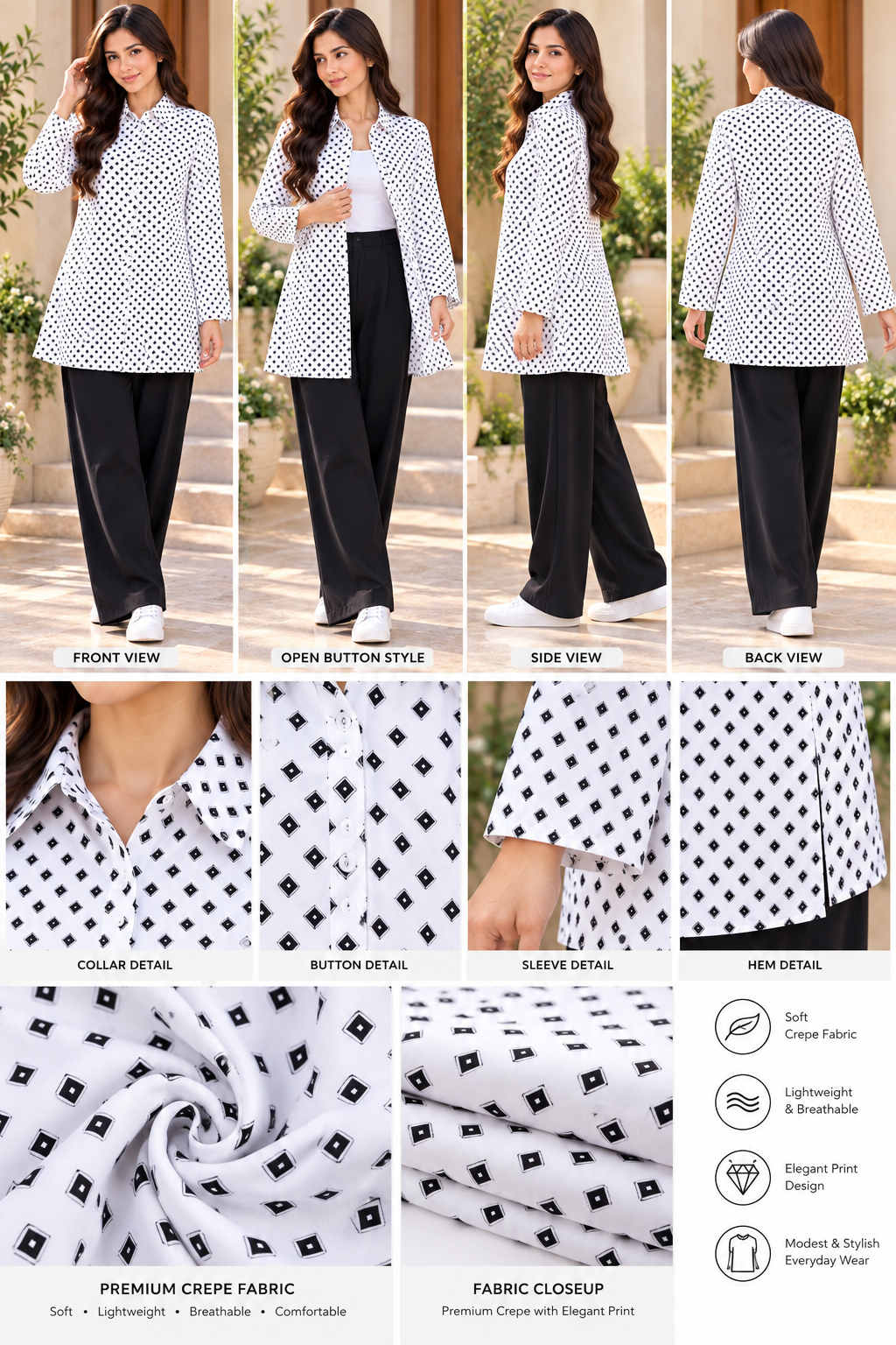 Classic Black & White Diamond Print Button-Front Tunic
