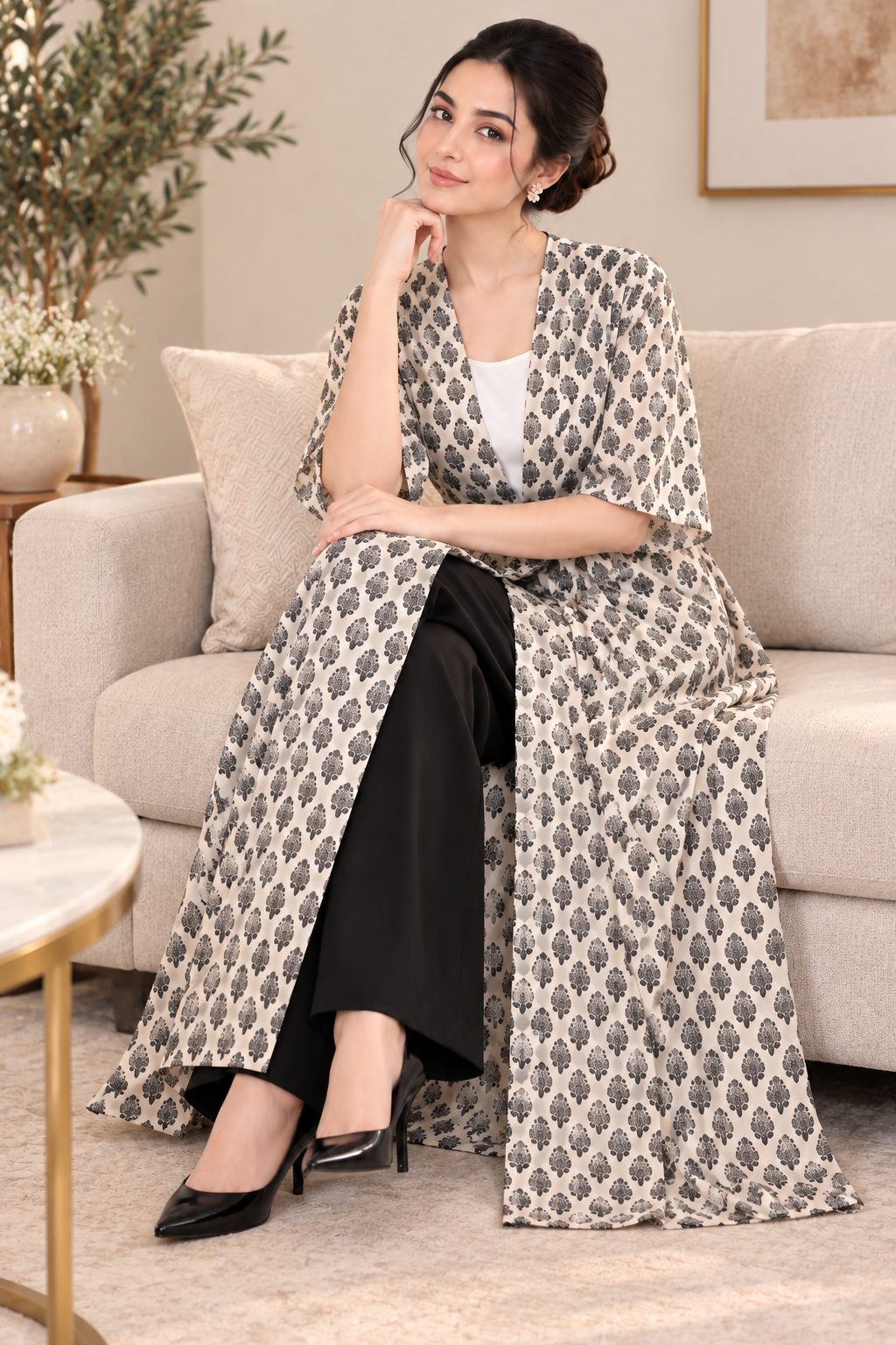 White & Black Printed Open-Front