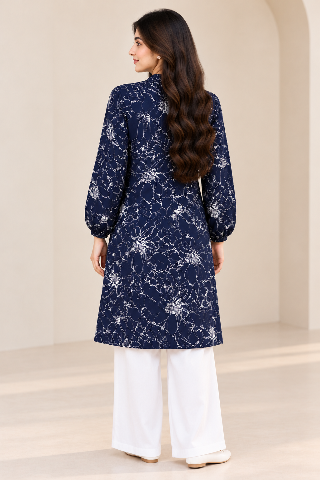 Navy Blue Floral Printed Long Shirt