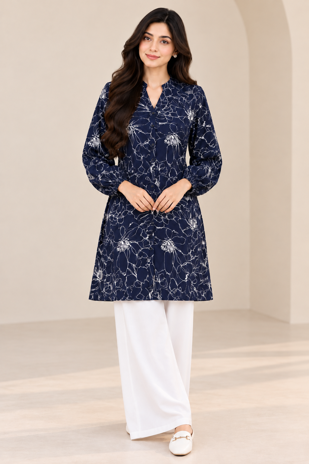 Navy Blue Floral Printed Long Shirt