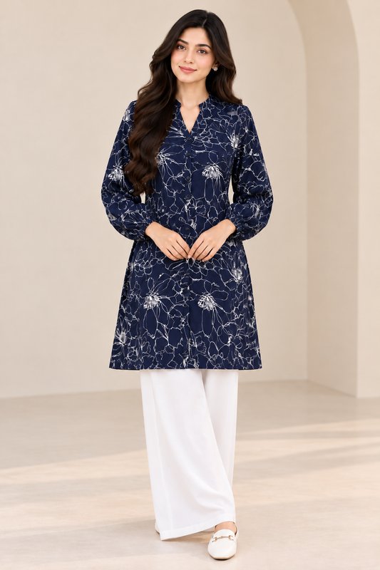 Navy Blue Floral Printed Long Shirt