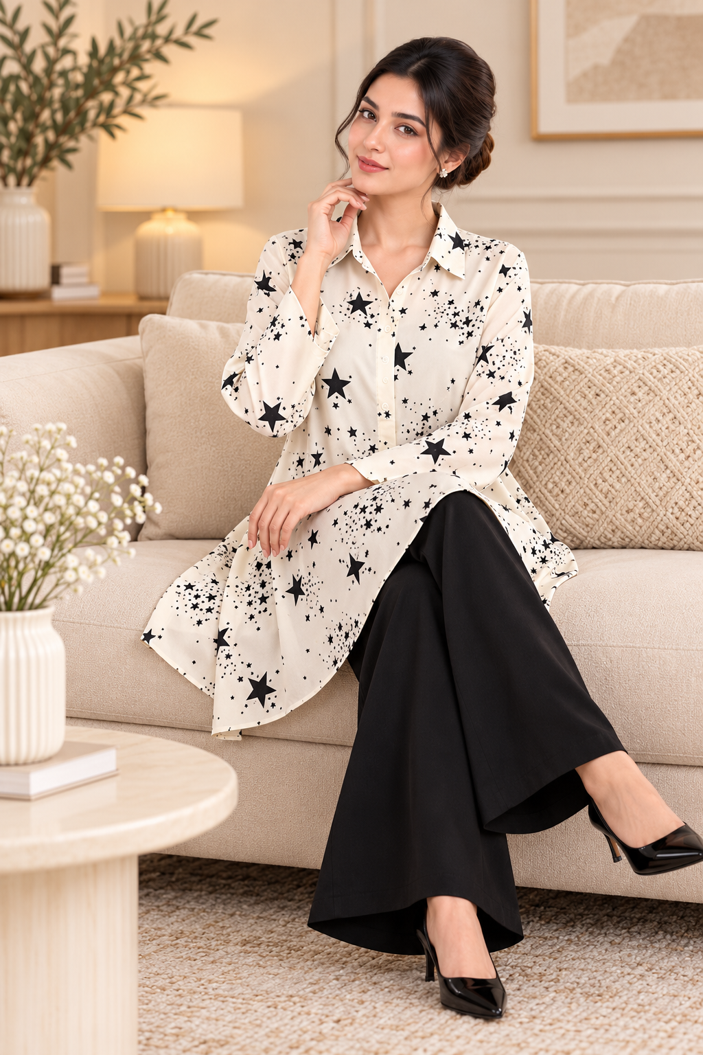 Ivory Star Print Long Shirt with Black