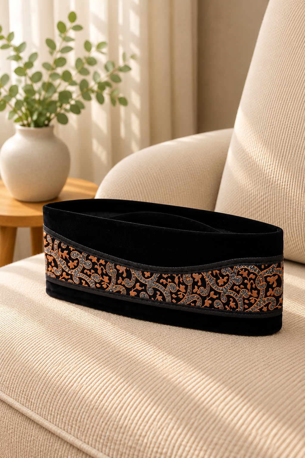 Black Velvet Peci Cap with Copper Floral Pattern Band | Traditional Foldable Kopiah