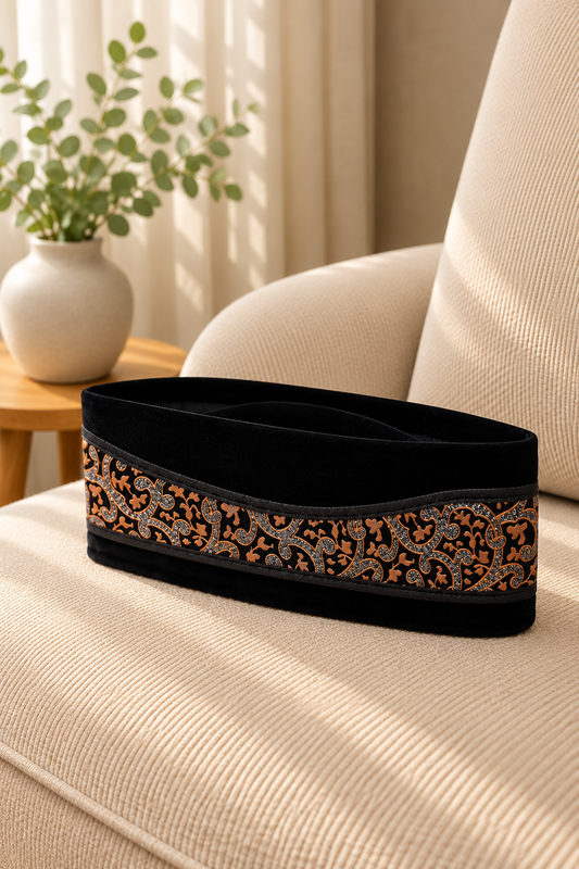 Black Velvet Peci Cap with Copper Floral Pattern Band | Traditional Foldable Kopiah