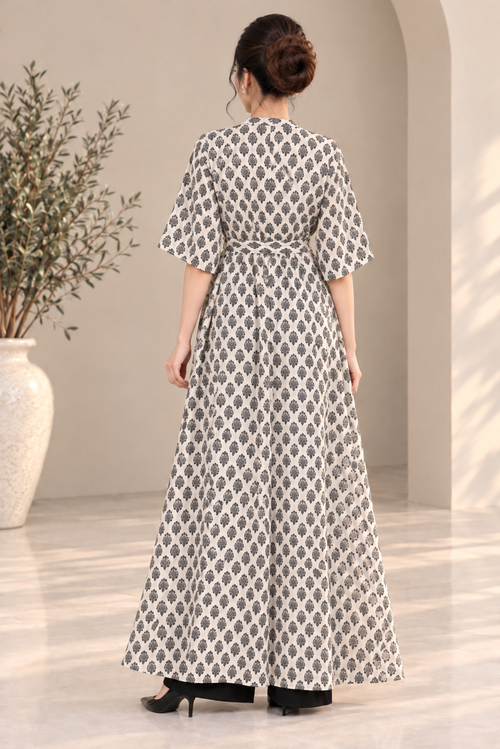 White & Black Printed Open-Front
