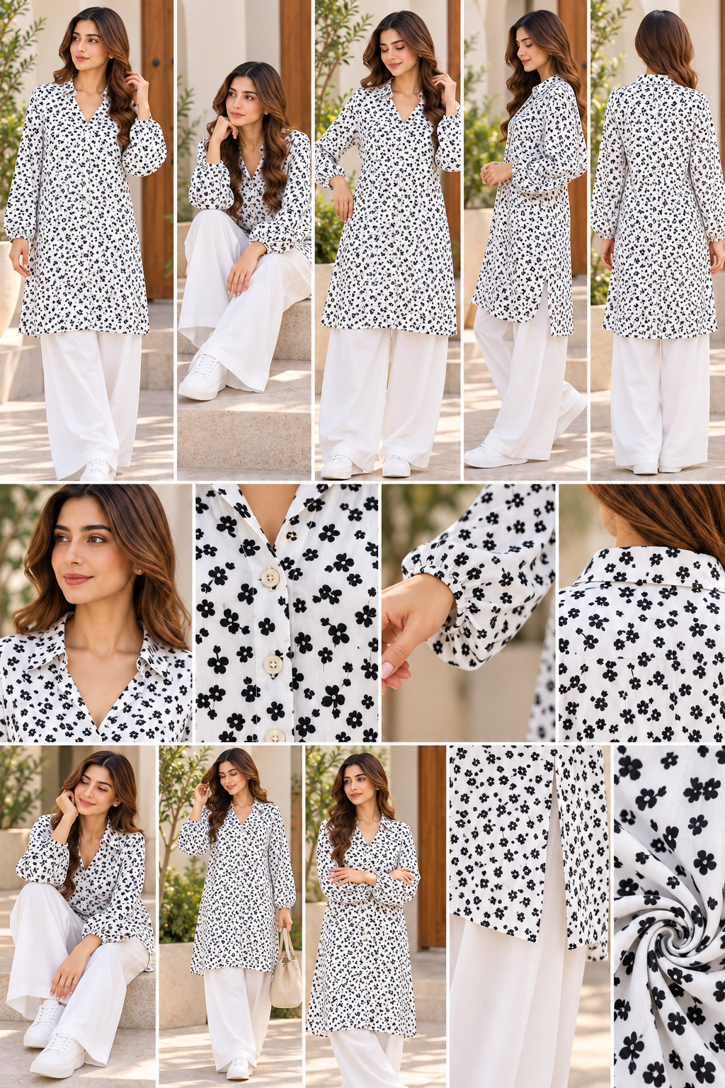 White & Grey Printed Button-Front Shirt