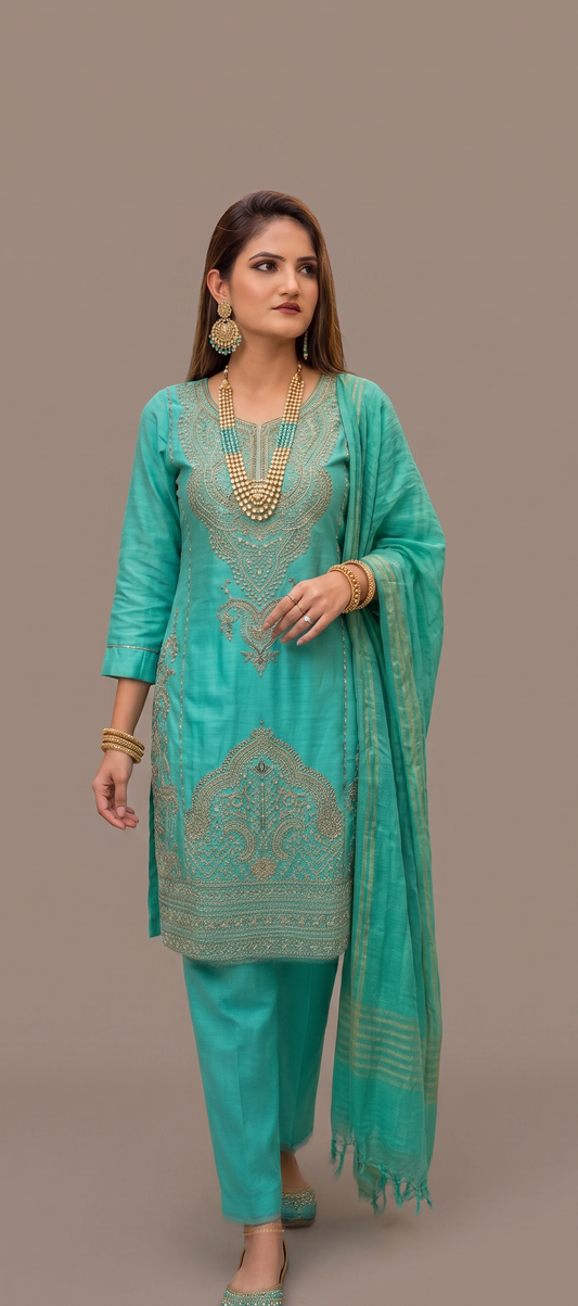 Enchanting Turquoise Silk Ensemble with Antique Gold Tilla Work