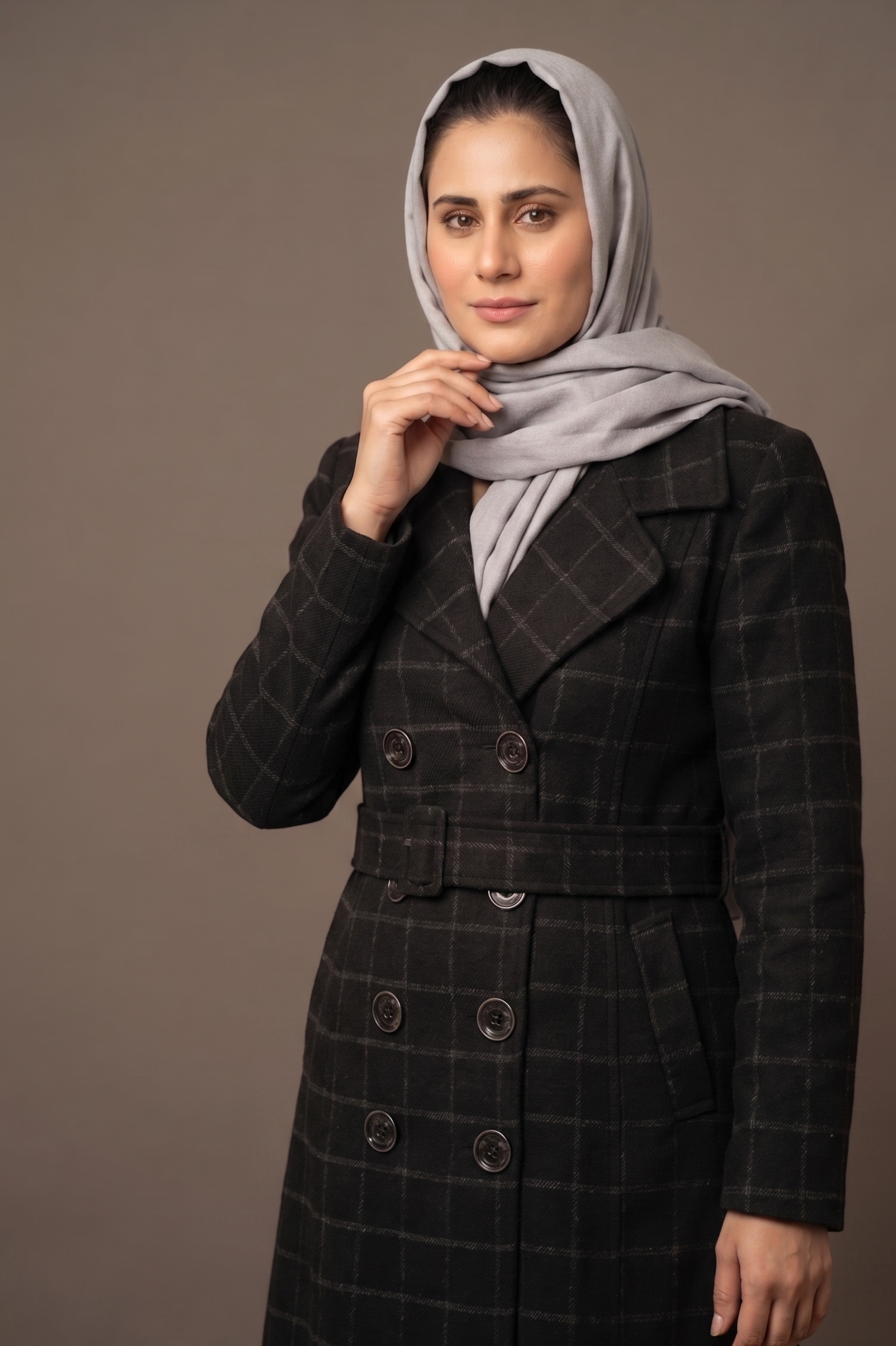 Classic Plaid Double-Breasted Trench Coat with Belt in Charcoal