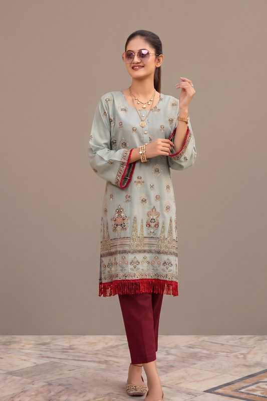 Sage Mist Embroidered Jacquard & Maroon Cambric Duo