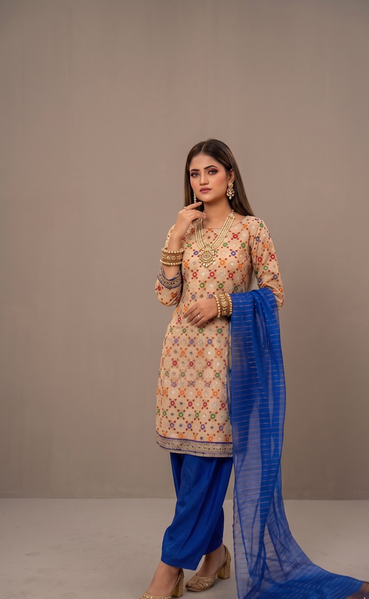 Beige Mirror-Work Phulkari Kurta with Cobalt Blue Patiala Salwar