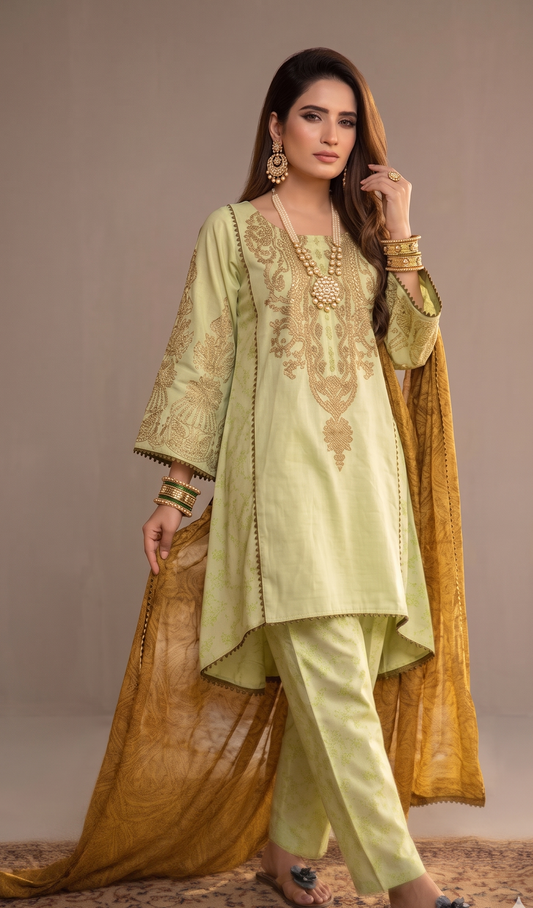 Ethereal Pistachio Green Ensemble with Ornate Gold Zari Work