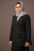 Classic Plaid Double-Breasted Trench Coat with Belt in Charcoal
