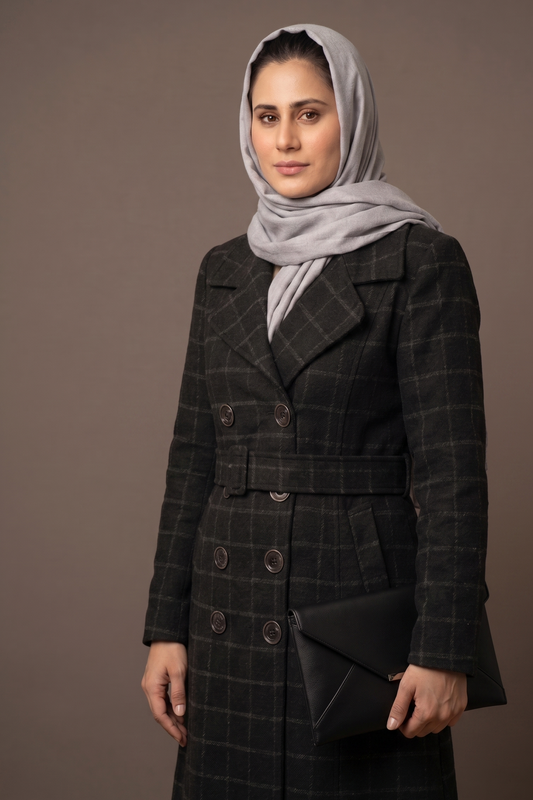 Klassischer zweireihiger Trenchcoat mit Gürtel in Anthrazit