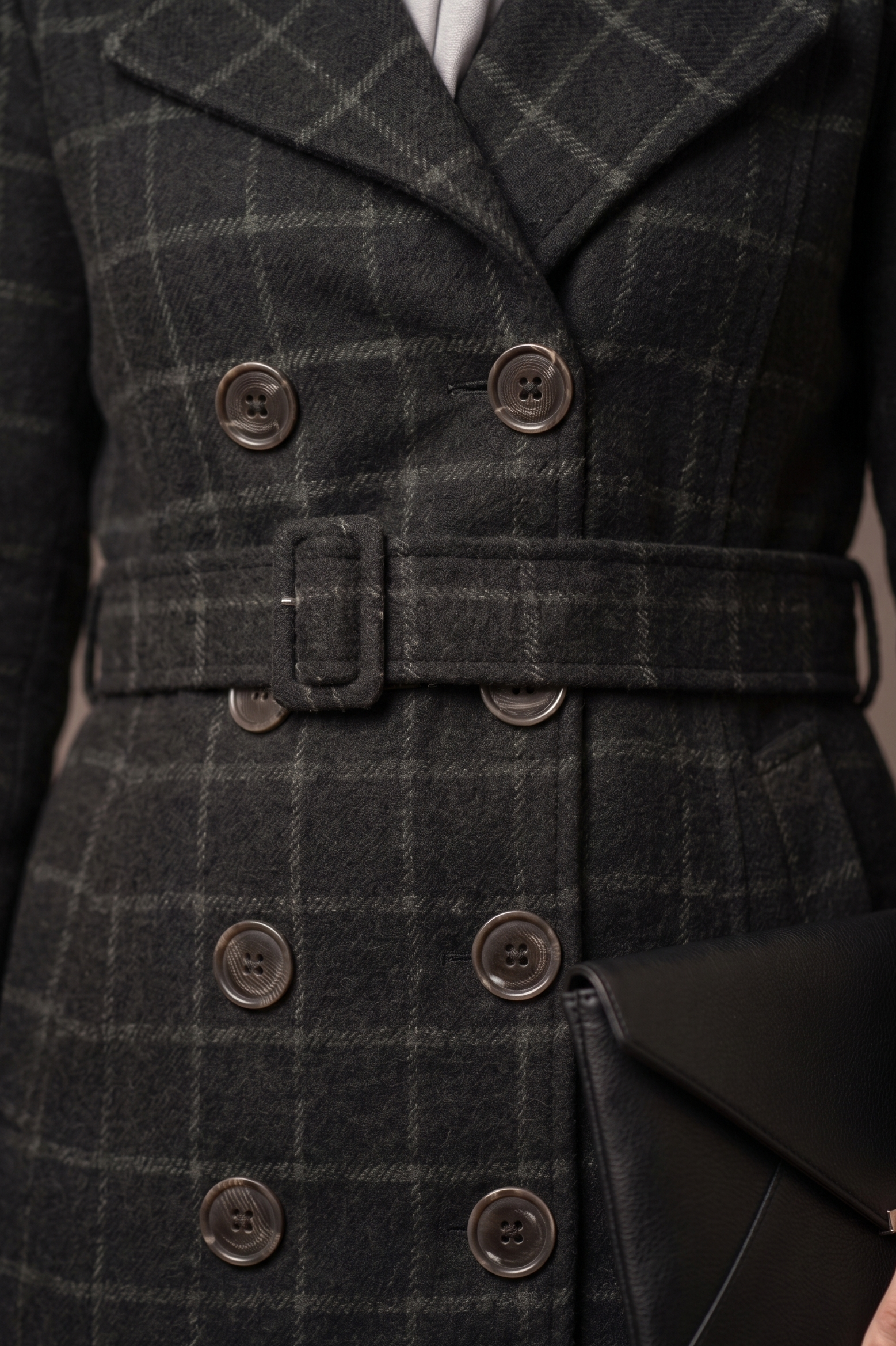 Classic Plaid Double-Breasted Trench Coat with Belt in Charcoal