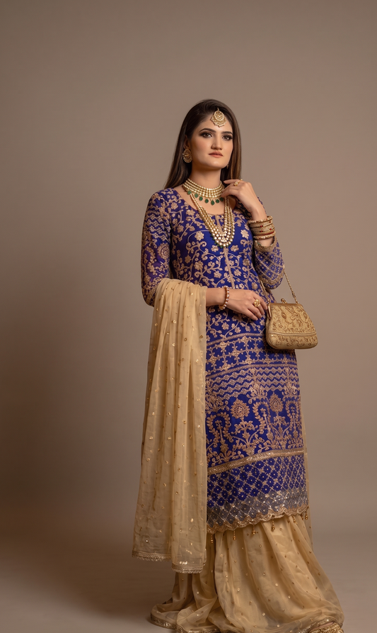 Majestic Royal Blue & Champagne Gold Heavily Embellished Sharara Set