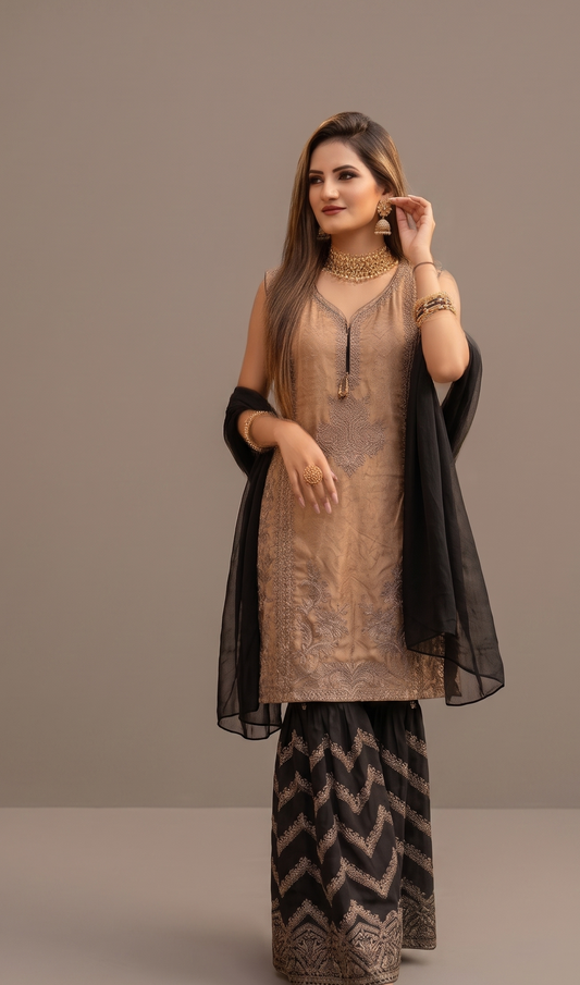 Sophisticated Mocha & Ebony Gharara Set with Metallic Embroidery