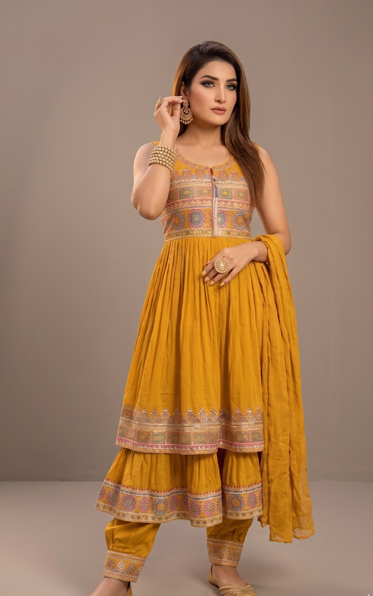 Golden Mustard Tiered Sharara Set with Traditional Phulkari