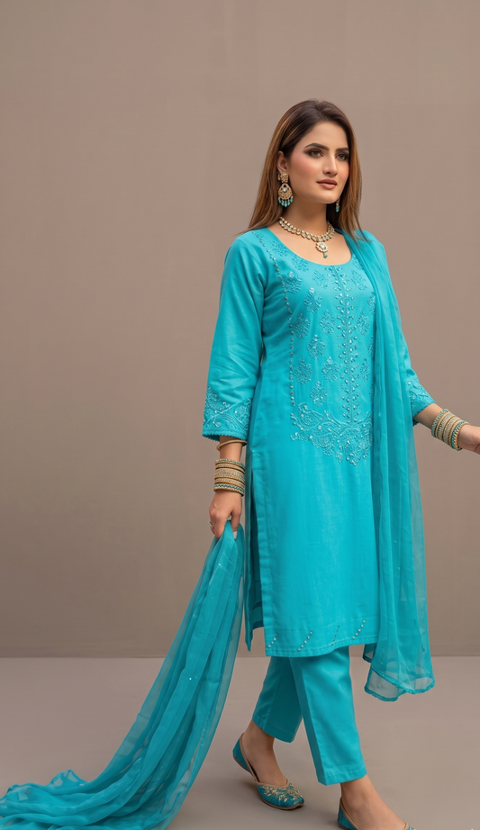 Serene Cyan Cotton-Silk Suit with Delicate Self-Tone Embroidery