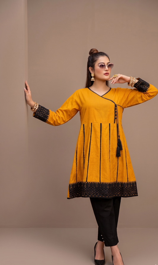 Mustard Angrakha Kurti with Intricate Black Embroidery