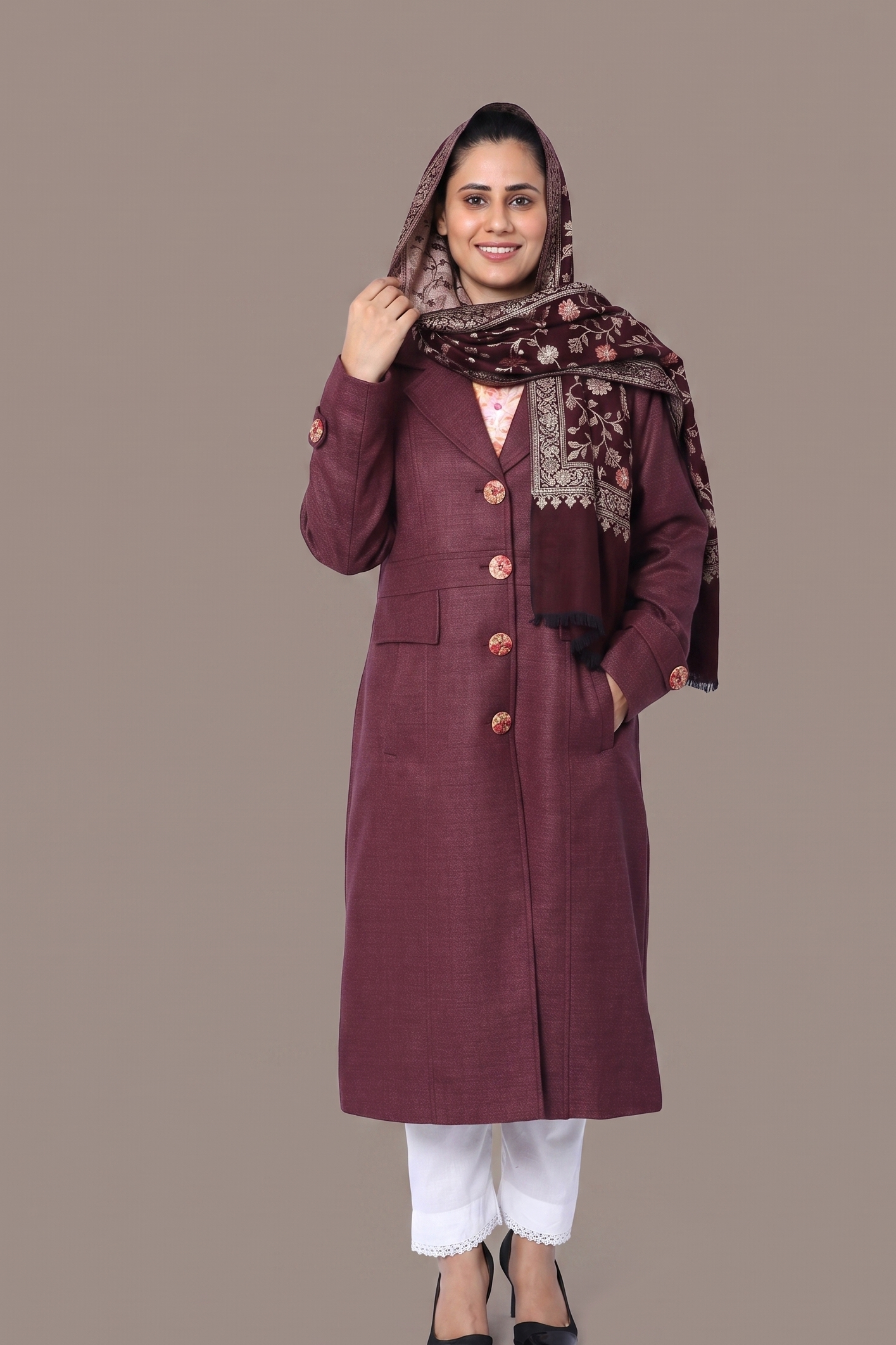 Premium Plum Wool-Blend Long Winter Coat