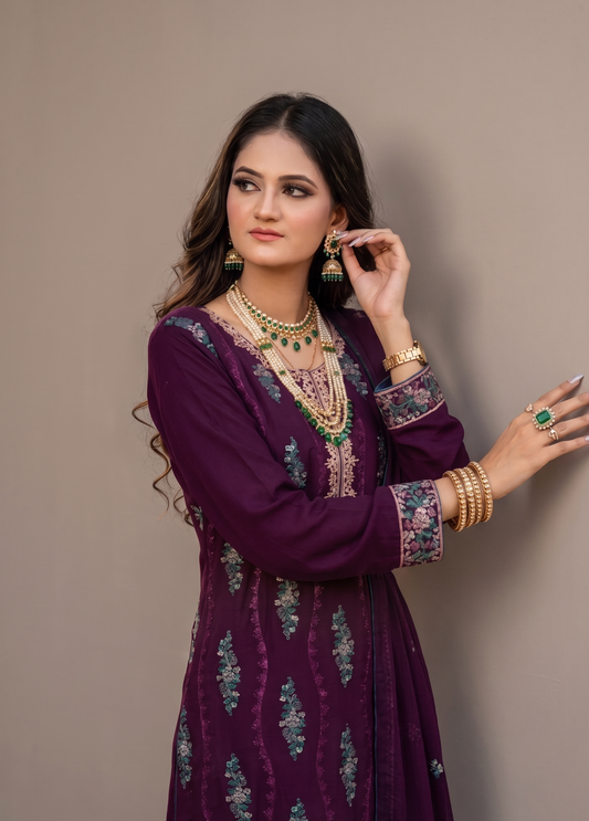 Royal Plum Embroidered Kurti with Emerald Accents