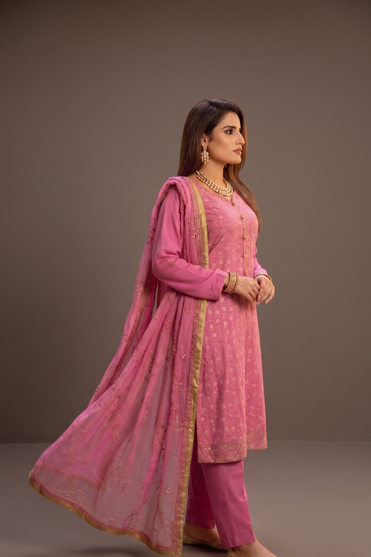 Rose-Quartz Embroidered Organza & Silk Ensemble