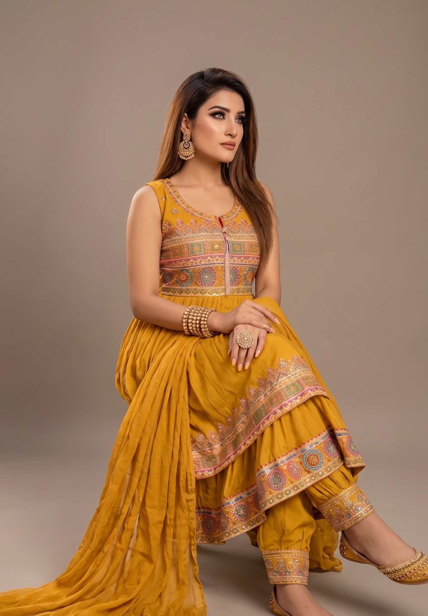 Goldfarbenes, gestuftes Sharara-Set mit traditioneller Phulkari-Stickerei
