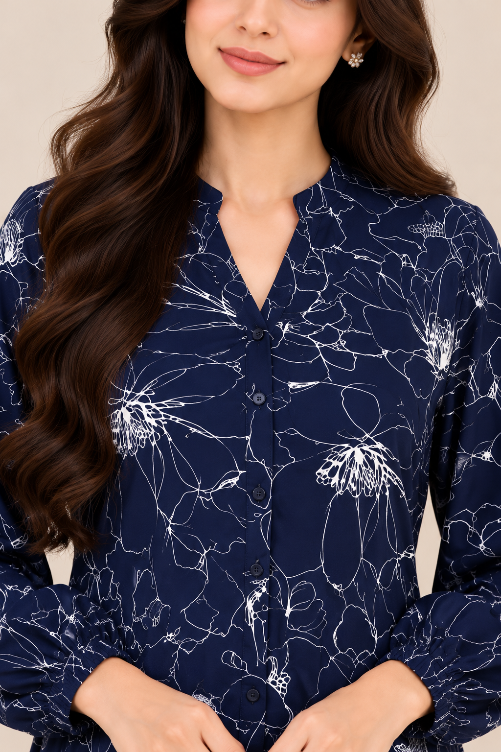 Navy Blue Floral Printed Long Shirt