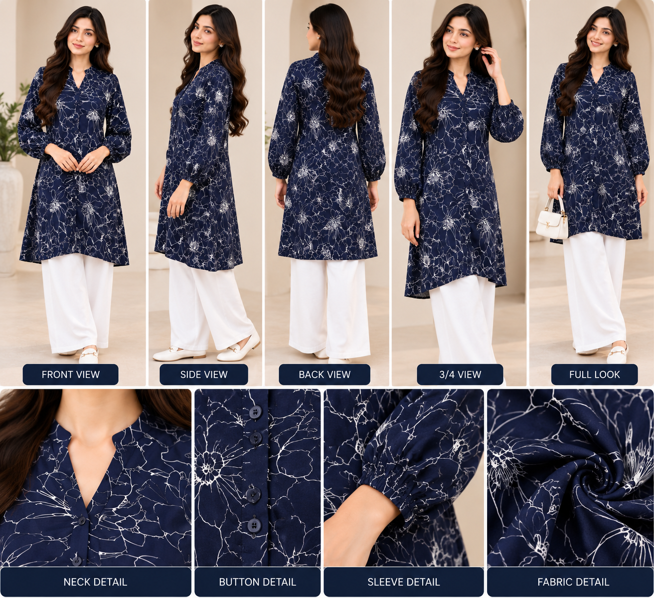 Navy Blue Floral Printed Long Shirt