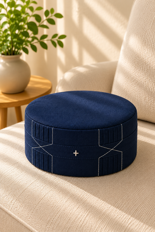Navy Blue Cotton Kufi Cap with Geometric Stitch Detailing