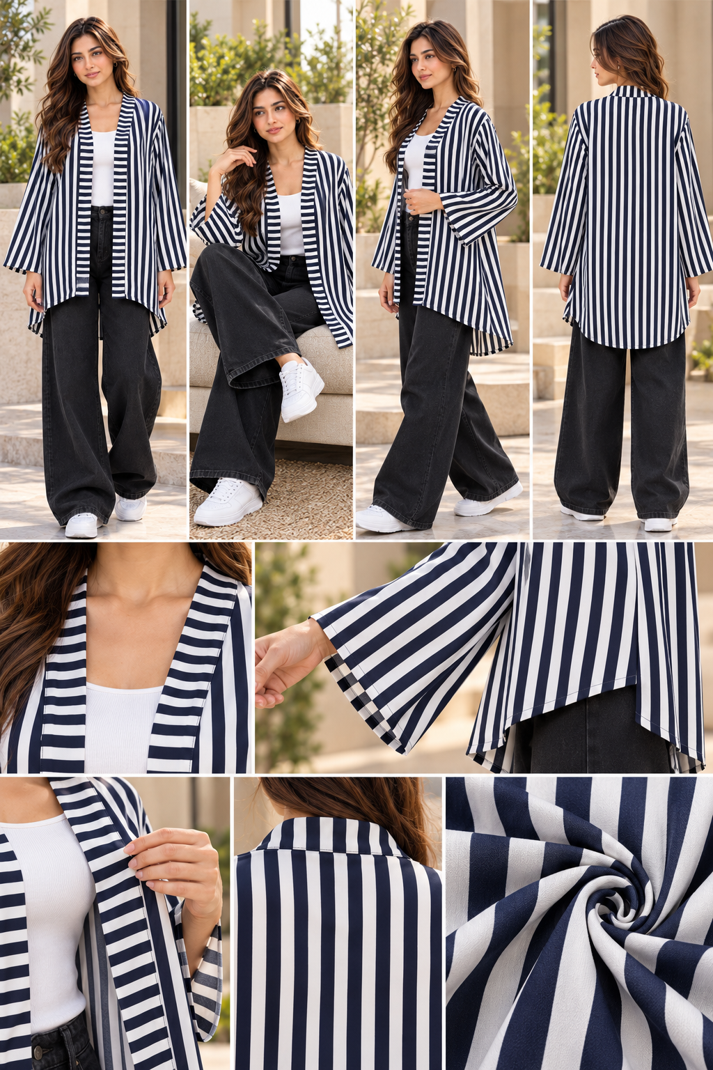 Black & White Vertical Stripe Open-Front Longline Shirt