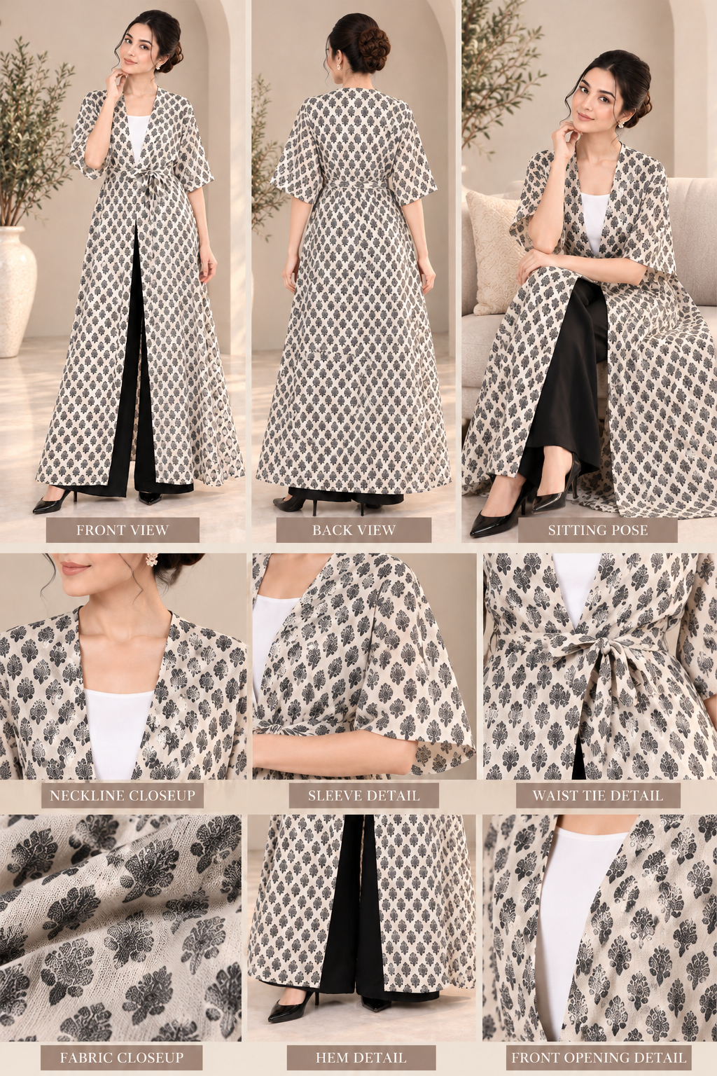 White & Black Printed Open-Front