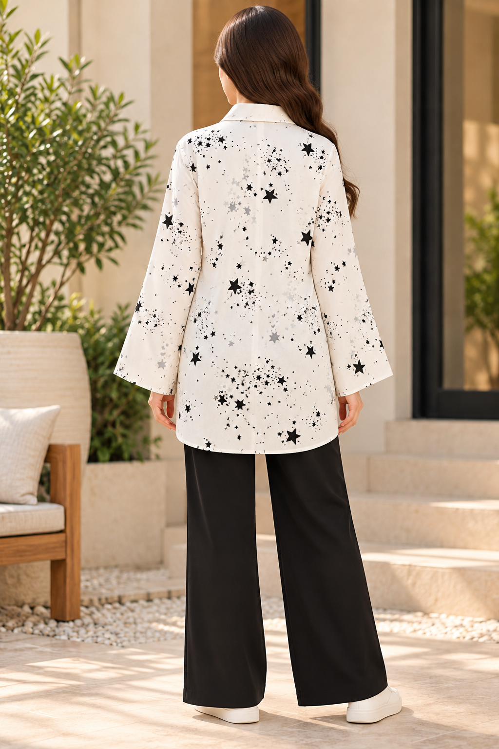 Elegant Black Star Print Button-Front Tunic Shirt