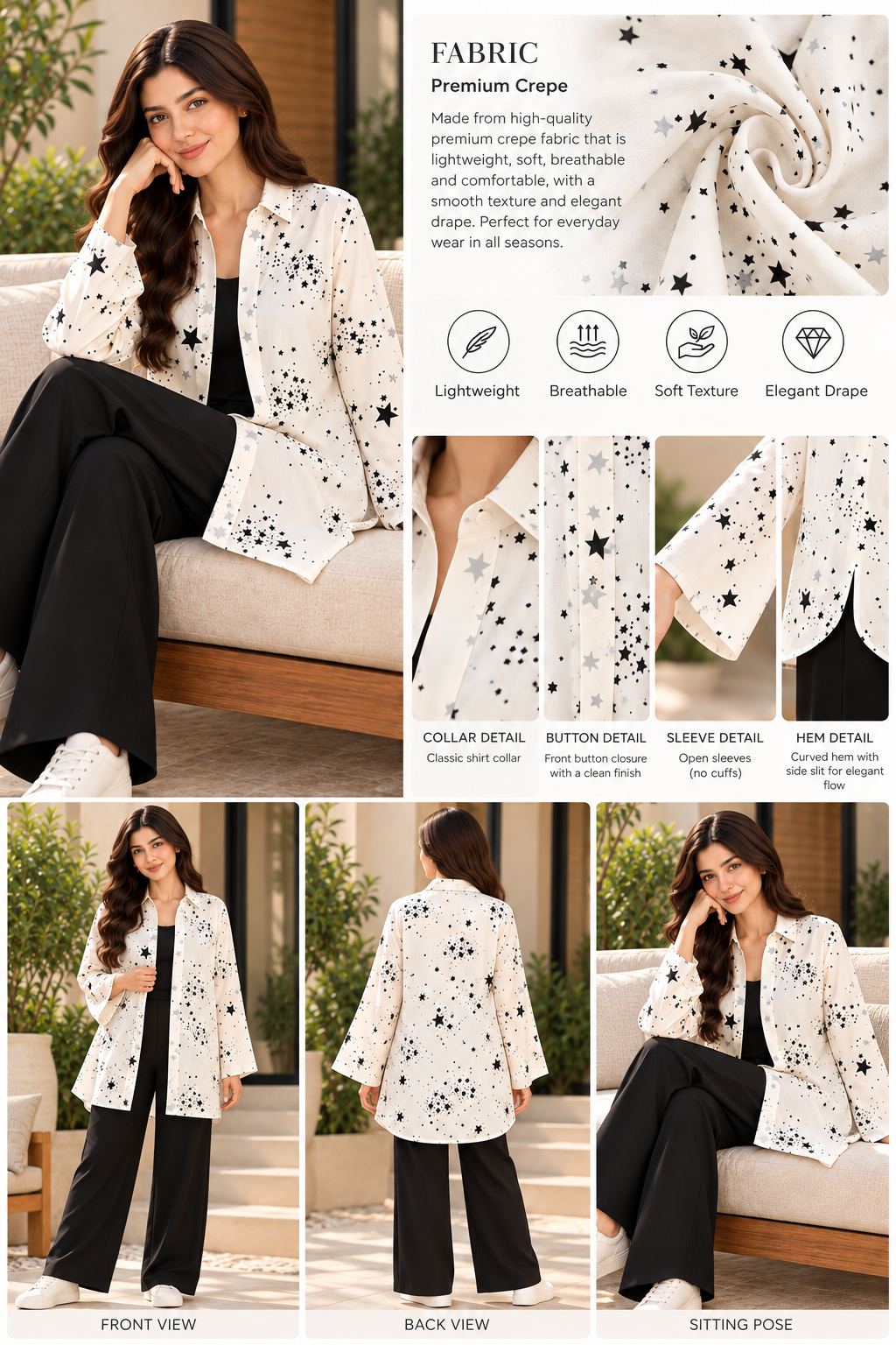 Elegant Black Star Print Button-Front Tunic Shirt