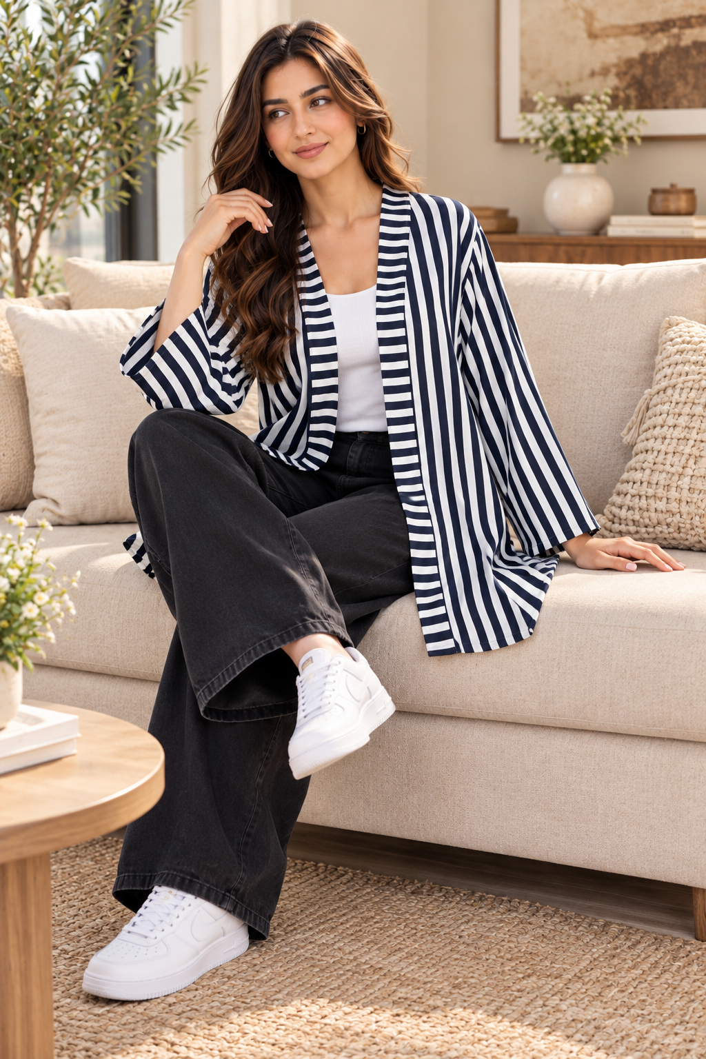 Black & White Vertical Stripe Open-Front Longline Shirt