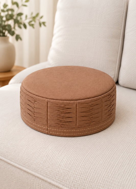 Camel Brown Cotton Pleated Kufi Cap