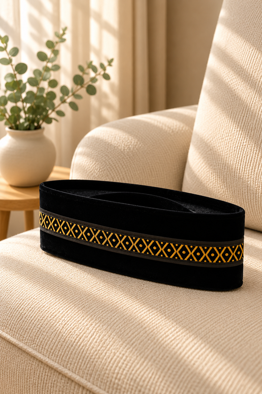 Black Velvet Peci Cap with Gold Geometric Patterned Band