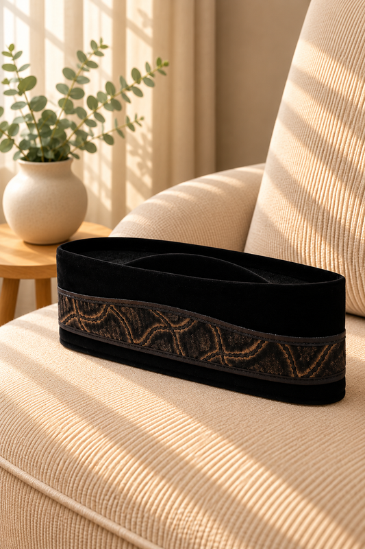 Black Velvet Peci Cap with Brown Wavy Geometric Patterned Band