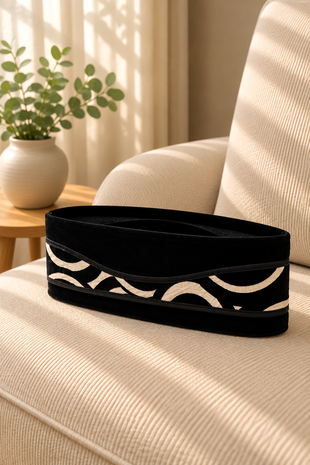 Black Velvet Peci Cap with Cream Wave Pattern Band | Traditional Foldable Kopiah