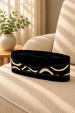 Black Velvet Peci Cap with Cream Wave Pattern Band | Traditional Foldable Kopiah
