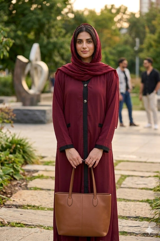 Sophisticated Maroon Abaya with Black Detailing
