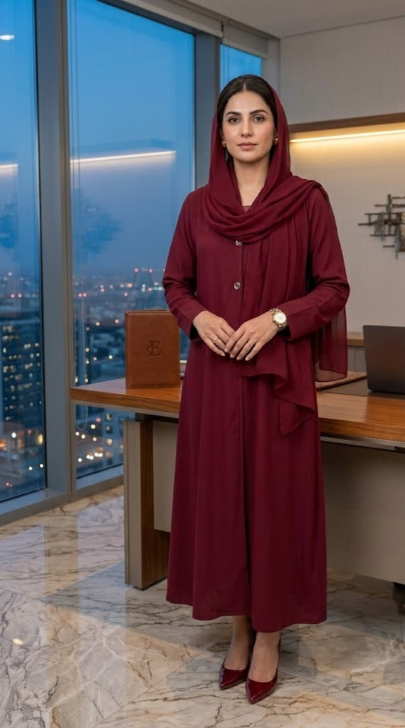 Professional Maroon Button-Front Abaya