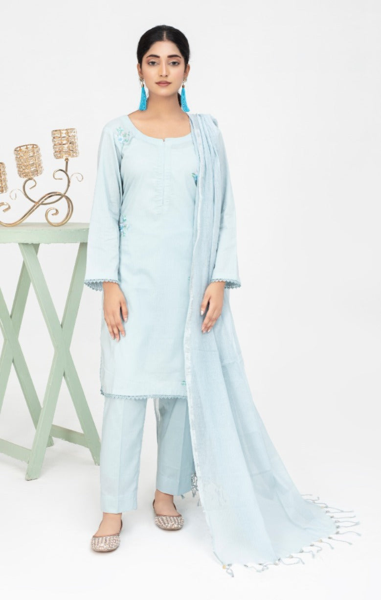 Sky Blue Embroidered Cotton 3-Piece Suit