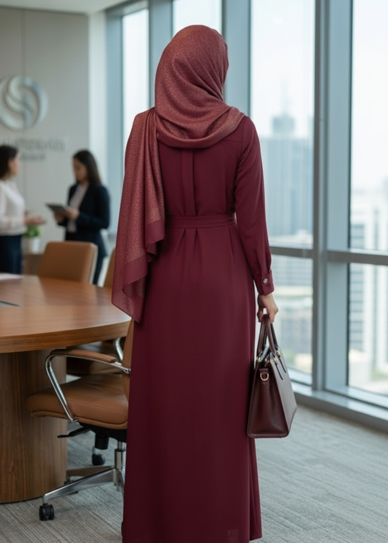 Burgundy Button-Down Belted Shirt Abaya — My Link for ALL