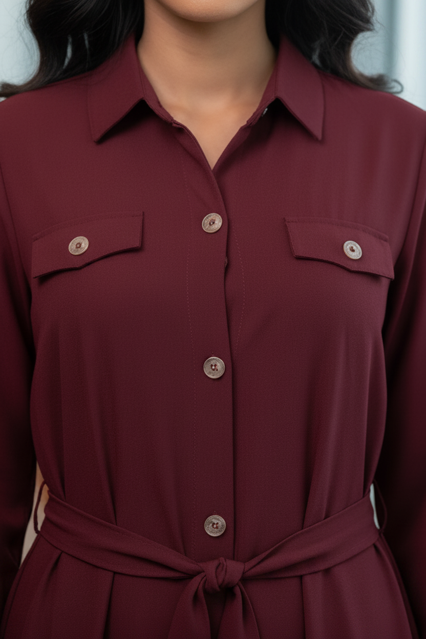 Burgundy Button-Down Belted Shirt Abaya — My Link for ALL