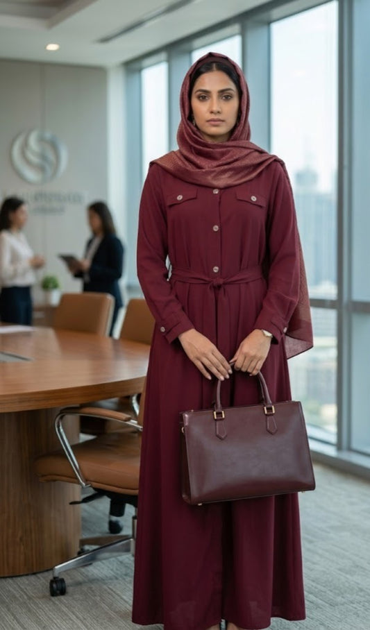 Burgundy Button-Down Belted Shirt burqa