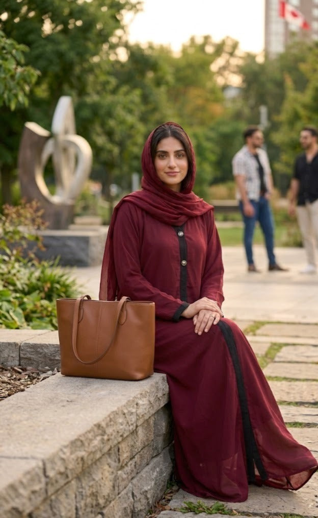 Sophisticated Maroon Abaya with Black Detailing