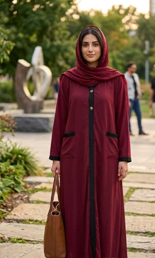 Sophisticated Maroon Abaya with Black Detailing