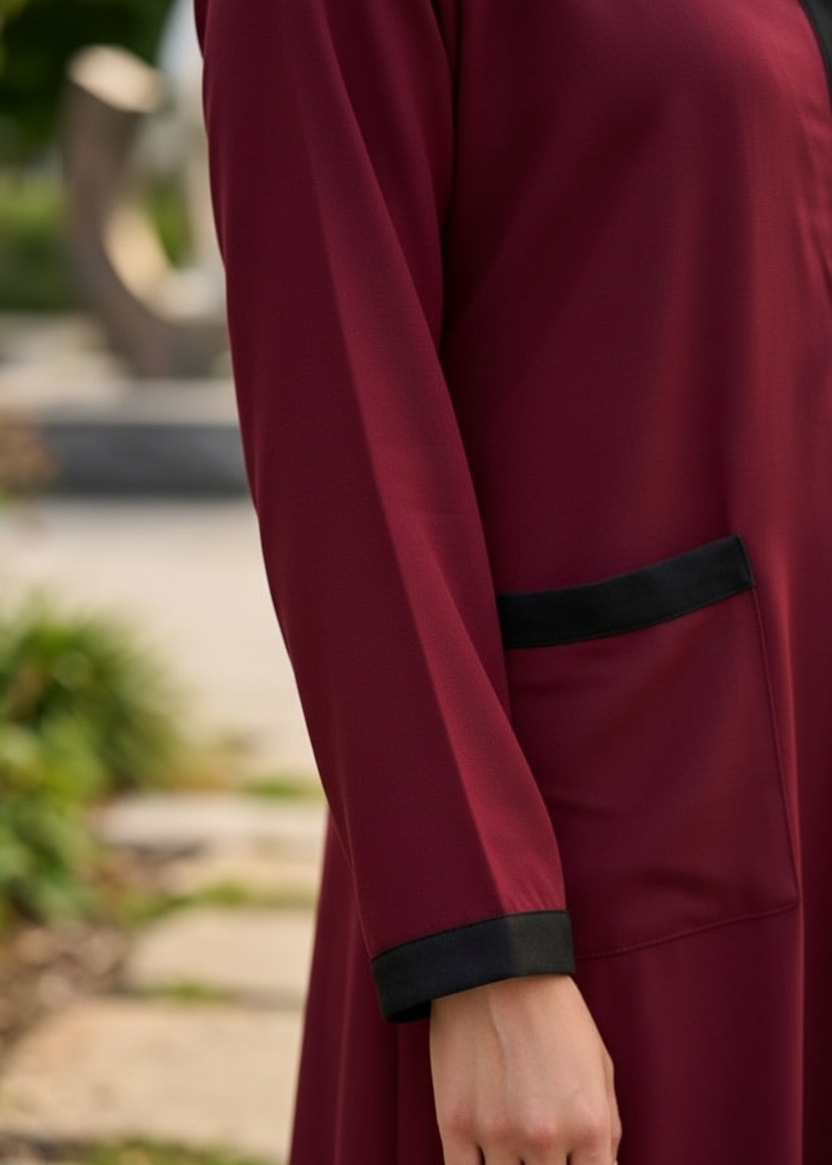 Sophisticated Maroon Abaya with Black Detailing — My Link for ALL